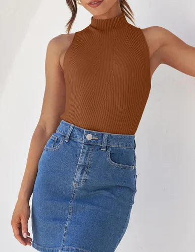 Vista 7 de ZESICA Camisetas sin mangas de verano para mujer, cuello de tortuga, de punto acanalado, ajustadas, básicas, casuales