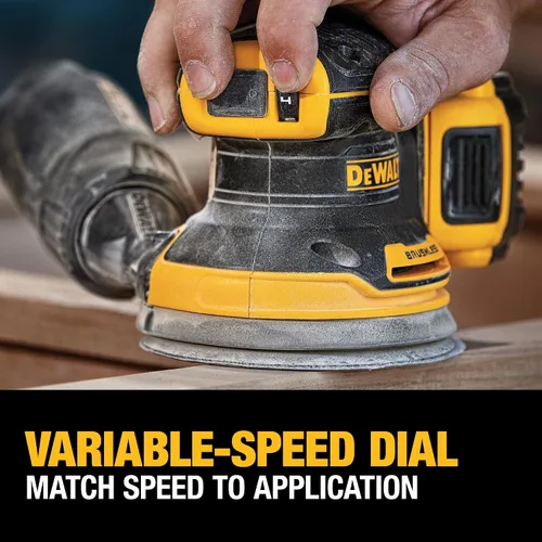 Vista 5 de DEWALT Lijadora orbital inalámbrica 20V MAX, herramienta de lijado de 5 pulgadas, 2.0Ah, 8,000-12,000 OPM, dial de velocidad variable, bolsa