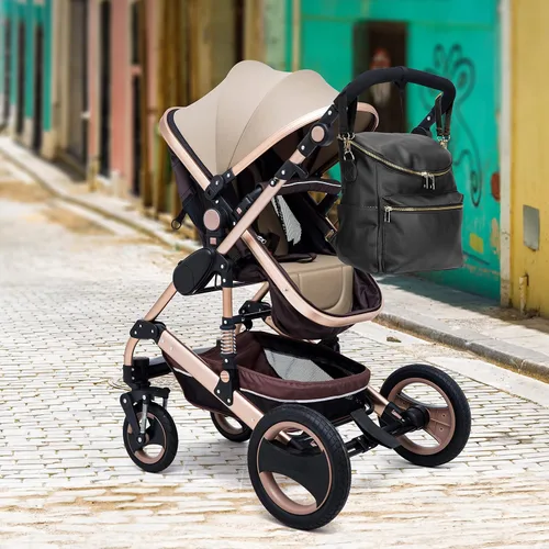 Vista 7 de Mochila para pañales, mochilas de cuero de moda para mamá, bolsas de pañales para bebés pequeños con organizador en bolsa y cambiador, Negro, M