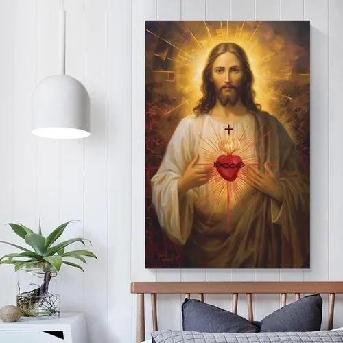 Vista 6 de Reccmeny Lienzo religioso del Sagrado Corazón de Jesús, cuadro de Cristo, arte de pared, pintura de Dios cristiano, foto para decoración de la sala
