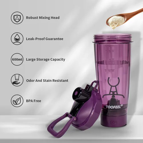 Vista 3 de TOOFEEL Botella mezcladora eléctrica de proteínas, 20 onzas, recargable por USB, para batidos de proteínas, botella mezcladora automática