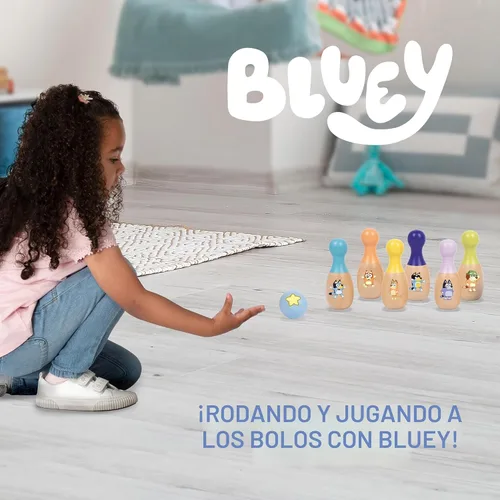 Vista 2 de Bluey Juego de Bolos de Madera – Juego de Bolos con 6 Pines de Bolos de Madera con Personajes, Juguete Duradero para Niños de 3+ Años, Juego