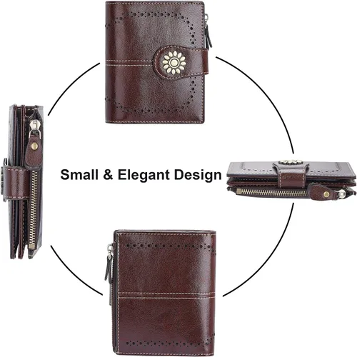 Vista 3 de Lavemi Cartera de cuero para mujer, pequeña, compacta, con bloqueo RFID, con bolsillo con cremallera