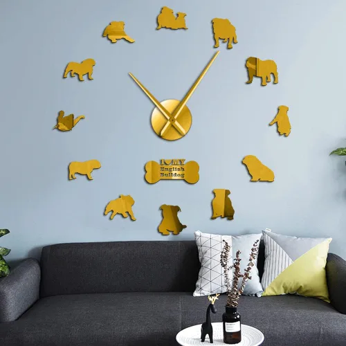 Vista 10 de The Geeky Days English British Bulldog contemporáneo 3D DIY reloj de pared con lindo hueso Pet Shop espejos superficie (negro)