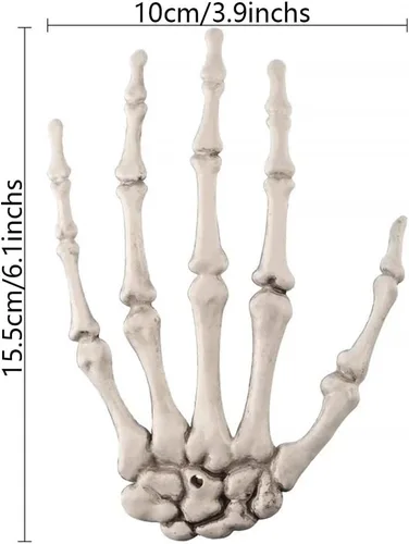 Vista 3 de Manos de esqueleto de Halloween, modelo de esqueleto de mano falsa de plástico para decoración de Halloween, accesorios de terror aterrador, 1 par
