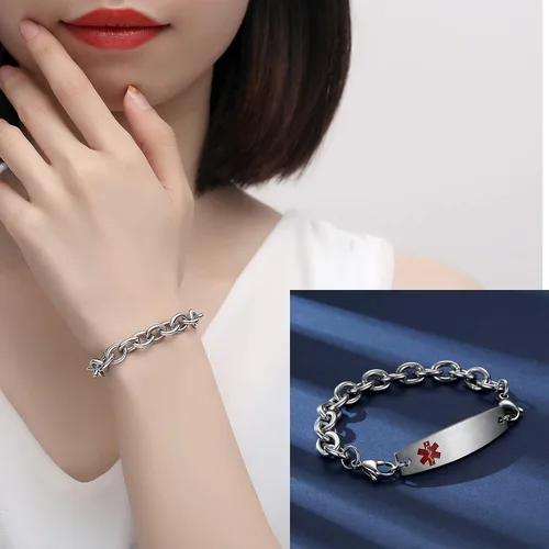 Vista 4 de LinnaLove Pulseras de identificación médica intercambiables Cadena de cable de acero inoxidable pulseras de alerta médica personalizables