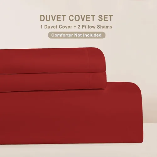 Vista 8 de Juego de funda de edredón 100% algodón, cierre de cremallera oculto, ultra suave, fácil de cuidar y duradero, estilo de cama simple, Queen, rojo