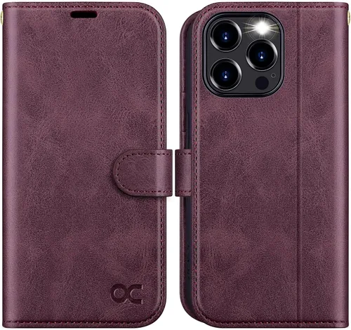 Vista 14 de OCASE Funda tipo cartera compatible con iPhone 15 Pro, de piel sintética, con tarjetero, bloqueo RFID, soporte para teléfono