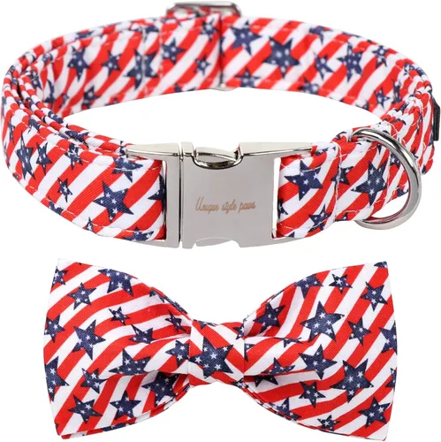 Vista 13 de Unique style paws Collar de perro de algodón con lazo, collar para cachorro con cuadrícula negra y azul para perros pequeños, medianos y grandes