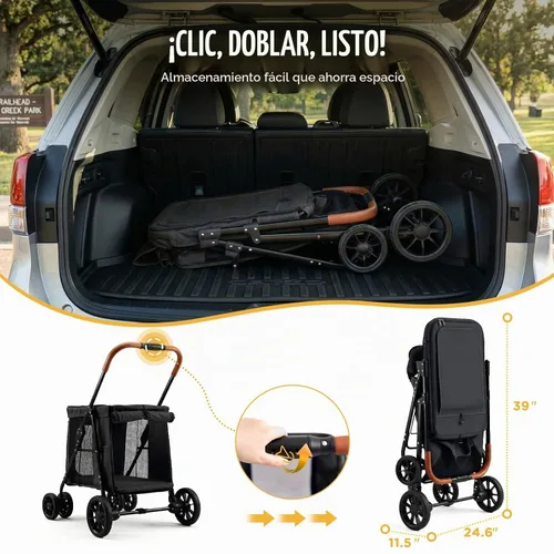 Vista 6 de CANINE CANYON Scout - Cochecito para mascotas, diseño de 4 ruedas para perros pequeños/medianos, plegable con un botón, ventanas y persianas de Negro
