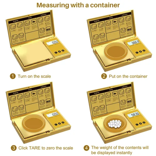 Vista 4 de Báscula digital Gram 7.05 oz x 0.00 oz, báscula de bolsillo chapada en titanio dorado con pantalla LCD retroiluminada, 6 unidades, tara, apagado