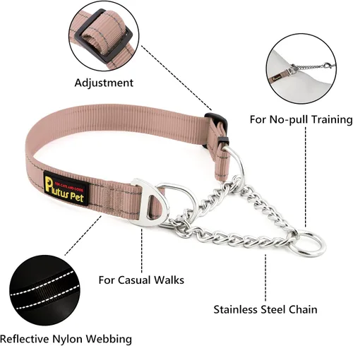 Vista 2 de Collar de perro Martingale de Plutus Pet con cadena de acero inoxidable y nylon reflectante, collar de entrenamiento ajustable sin tirón, para Beige