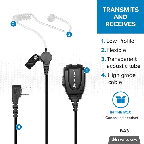 Vista 2 de Midland Auriculares ocultos BA3 para radios comerciales - Auricular transparente con micrófono Push to Talk