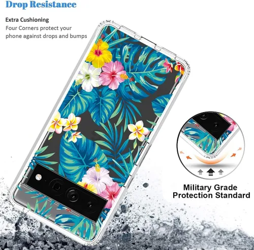 Vista 7 de Funda para Pixel 7 Pro/Google 7 Pro, funda protectora de TPU transparente floral a prueba de golpes para Google Pixel 7 Pro (flores y hojas)
