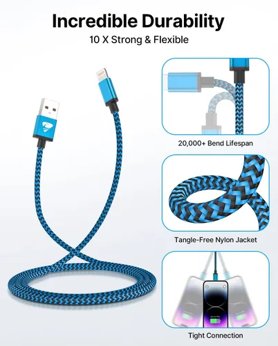 Vista 6 de Aioneus Cable de carga para iPhone de 3 pies, paquete de 3 cables Lightning con certificación MFi, cable de carga rápida de nailon trenzado