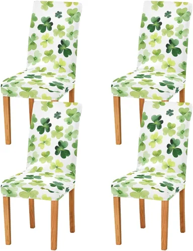 Vista 2 de Juego de 2 fundas elásticas para sillas de comedor con trébol del día de San Patricio, fundas protectoras extraíbles y lavables para comedor