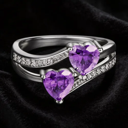 Vista 5 de Anillo de promesa de boda con topacio azul y blanco, chapado en plata de ley 925, con doble corazón