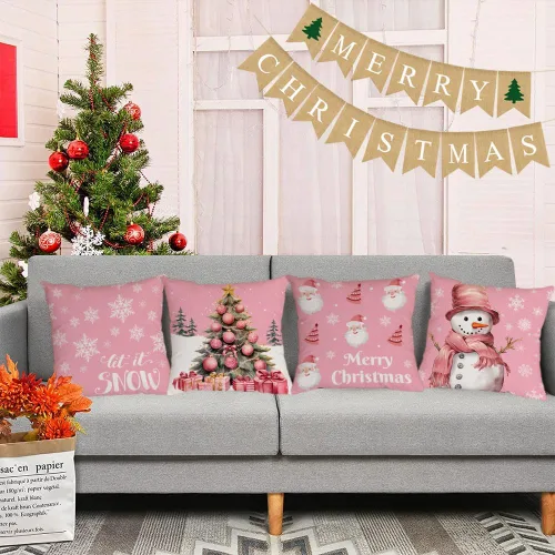 Vista 6 de Fundas de Almohada Feliz Navidad 12x12 Juego de 4 Fundas de Almohada de Terciopelo de Navidad Rosa Navidad Invierno Vacaciones Fundas de Almohada