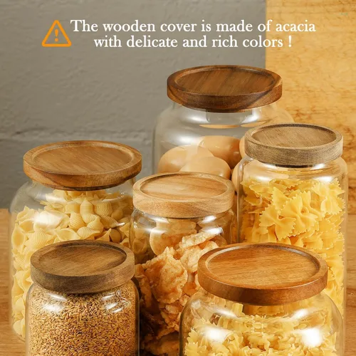 Vista 4 de Labina Recipiente de Almacenamiento de Vidrio Hermético Frascos de Alimentos Recipiente de Cocina con Tapas de Madera, 20 Oz Boca Ancha Organización