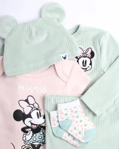 Vista 3 de Disney Baby Girls Take Me Home - Conjunto de 5 piezas de Minnie Mouse enterizo, camisa, pantalones, sombrero, calcetines, esencial para recién