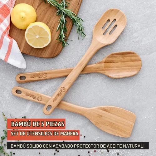 Vista 3 de Chef Pomodoro Juego de utensilios de cocina de bambú de 3 piezas, espátula de madera grande de 12.5 pulgadas y juego para freír