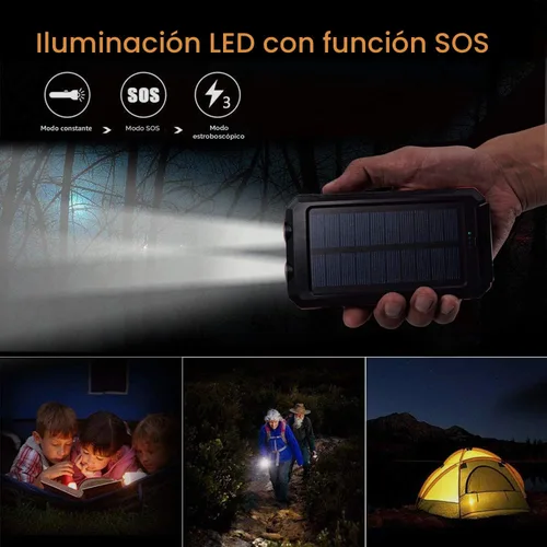 Vista 3 de Cargador solar de 20000 mAh, cargador portátil con 4 cables integrados y entrada USB-C, linternas de emergencia duales, batería impermeable