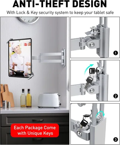 Vista 3 de AboveTEK Soporte de pared para tablet, soporte de tableta de rotación de 360° con brazo de extensión, soporte de cocina antirrobo para tabletas de 7