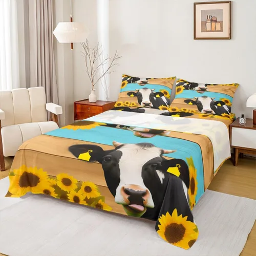 Vista 10 de Erosebridal Sábanas de cama con estampado de vaca, tamaño individual, juego de sábanas de girasol, juegos de sábanas y fundas de almohada con Multi