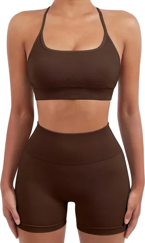 Vista 4 de SUUKSESS Conjuntos de entrenamiento sin costuras para mujer, sujetador deportivo con tiras y cintura alta, pantalones cortos