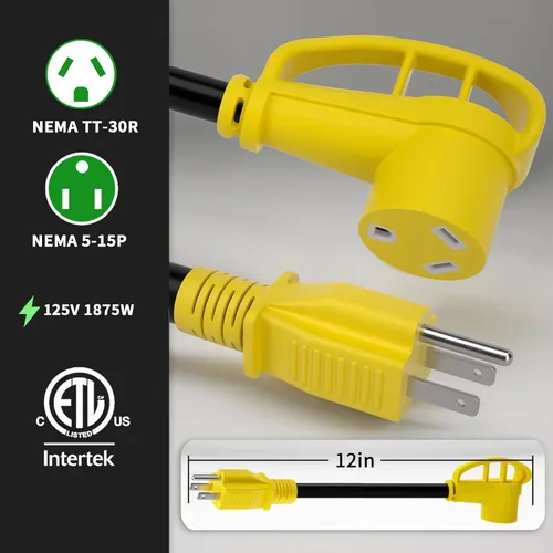 Vista 2 de POWGRN RV 30 Amp a 110 Cable adaptador de 12 pulgadas amarillo, STW 15A 125V 1875W