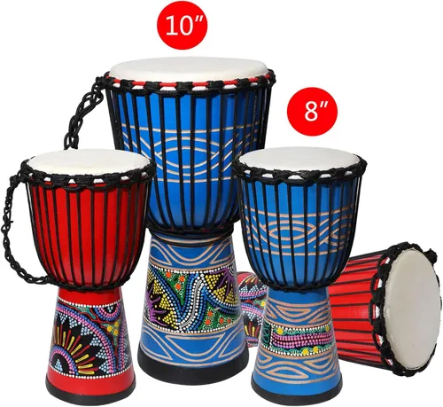 Vista 6 de LIEKE Djembe - Tambor africano de 10 x 20 pulgadas, cabeza de cabra caoba, pintado a mano, patrón pintado a mano, para adultos principiantes (azul)