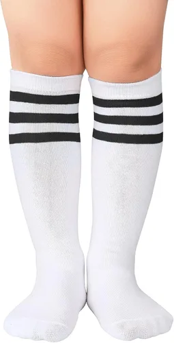Vista 3 de American Trends Calcetines de fútbol para niños, calcetines de tubo alto hasta la rodilla para niños y niñas, calcetines deportivos largos a rayas