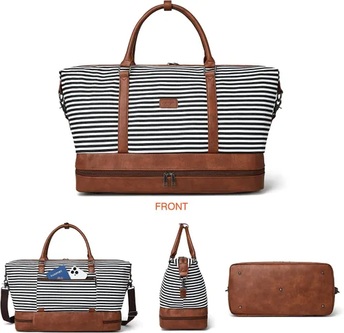 Vista 7 de OPAGE Bolsa de fin de semana para mujer, bolsa de lona con compartimento para zapatos, bolsa de viaje de 3 piezas
