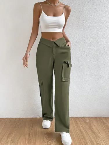 Vista 4 de WDIRARA Pantalones cargo largos de cintura alta con botones y bolsillos para mujer