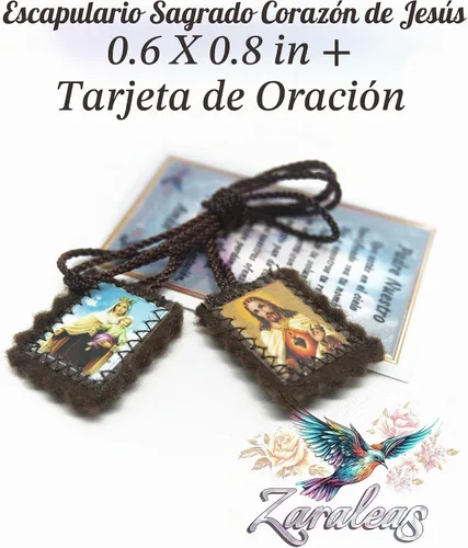 Vista 4 de Escapulario Católico Marrón Lana Rectangular Icono Hecho A Mano Corazón Sagrado de Jesús con Nuestra Señora Monte Carmelo por Zaraleas