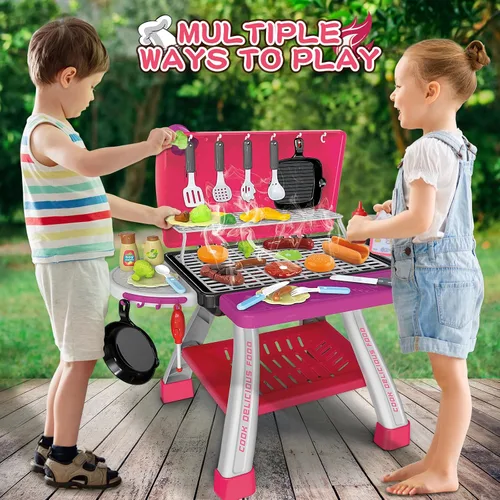 Vista 6 de Juguetes de Cocina para Niños, Parrilla de Barbacoa para Niños Juego de Cocina con Humo, Sonido y Luz, Juguetes de Comida Rosa Juego de Cocina
