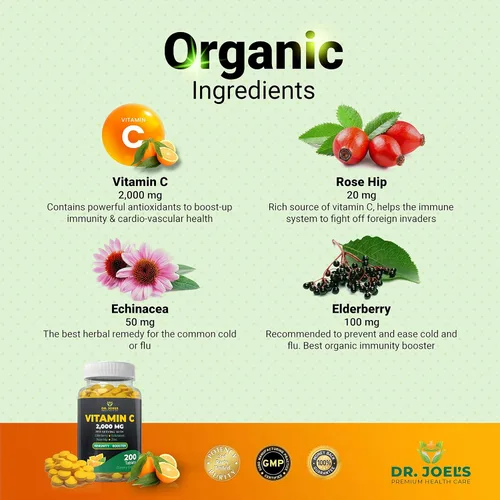 Vista 3 de Dr. JOEL'S Vitamina C de apoyo inmunológico 2000 mg - 200 tabletas - con zinc, saúco, rosa mosqueta, equinácea - Impulsa el sistema inmunológico