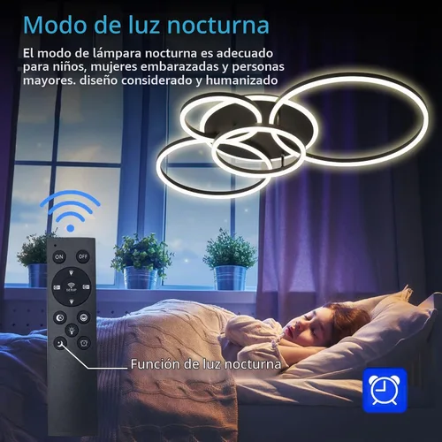 Vista 3 de Lámpara de techo LED moderna de 90W regulable con control remoto, 5 anillos, lámpara de techo empotrada, candelabro acrílico negro LED para sala