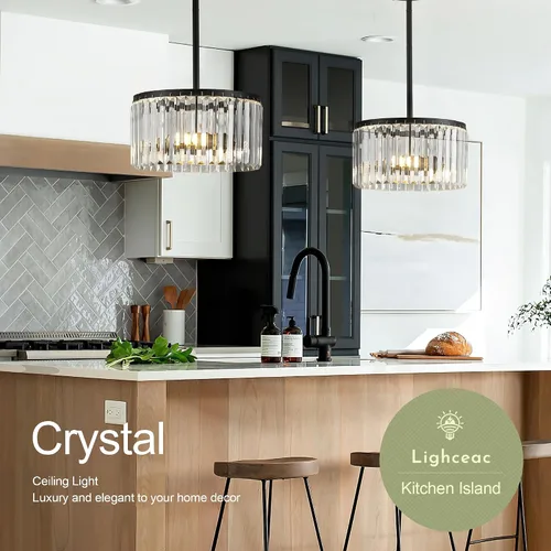 Vista 4 de Moderna lámpara de techo de cristal semiempotrada negra de 12" para comedor, candelabro pequeño de lujo glamoroso de 2 luces para dormitorio
