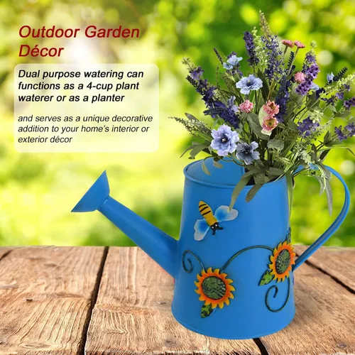 Vista 2 de Regadera decorativa de metal con girasol y abeja (vol: 4 tazas) Regadera azul pequeña Decoración de jardín Regalo de inauguración de la casa