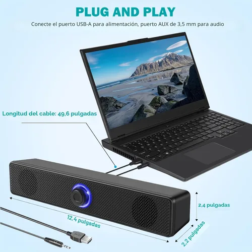 Vista 3 de Altavoces para Computadora, Altavoces de PC Alimentados por USB, Altavoces Estéreo de Escritorio con Cable con Enchufe de Audio de 3.5mm