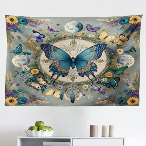Vista 167 de Ambesonne Tapiz bohemio, diseño floral de bruja, luna y mariposa con adornos de mandala, decoración de tela para colgar en la pared para dormitorio