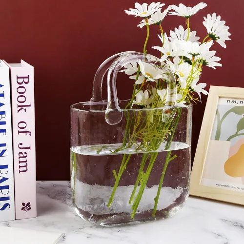 Vista 6 de 1 pieza de jarrón de bolsa de vidrio transparente para flores - Jarrón de bolso de vidrio hecho a mano, ideal para centros de mesa - Elegante