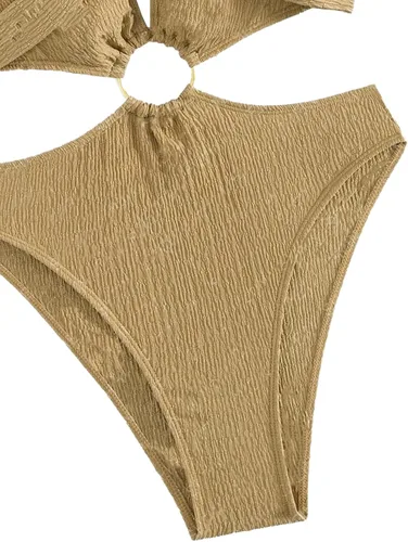 Vista 6 de Nenadeer Traje de baño de una pieza con escote halter cruzado y ribete enlazado con anillo, traje de baño con cordones en la espalda