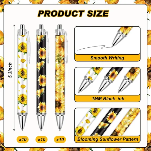 Vista 2 de Qilery 30 bolígrafos de girasol retráctiles a granel de flores amarillas florales creativas para plantas, bolígrafo de tinta negra, punta media
