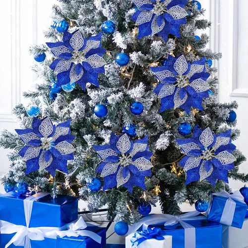 Vista 9 de Juego de 14 flores de Pascua de 8.7 pulgadas de ancho, 4 capas de flores de pascua con purpurina azul para árbol de Navidad, coronas, guirnaldas