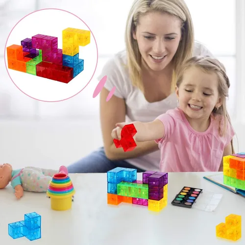 Vista 5 de Bloques de construcción magnéticos, cubos magnéticos 3D, juego de 7 bloques magnéticos multiformas con 54 tarjetas guía, desarrollo de inteligencia