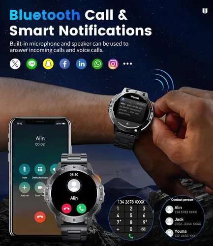 Vista 2 de Relojes inteligentes militares para hombres (responder/hacer llamadas) con linterna LED, batería grande de 530 mAh, monitor de frecuencia