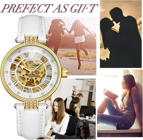 Vista 5 de Reloj de pulsera para mujer, analógico, números romanos esqueleto cristal automático automático automático reloj de cuero mecánico