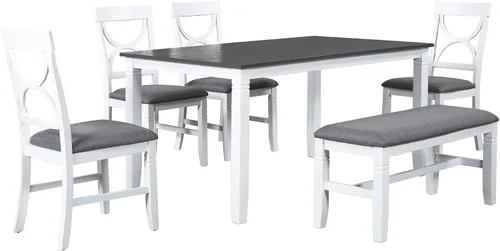 Vista 227 de Juego de mesa de comedor vintage de 6 piezas, juego de mesa de comedor de cocina de madera maciza con 4 sillas ergonómicas acolchadas y banco, mesa